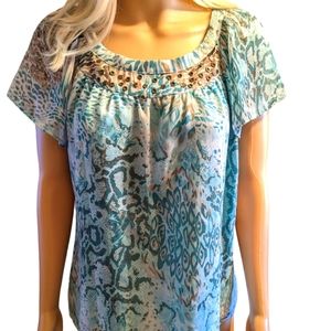 Nue Options Petites Boho style colorful Blouse with embellished neckline.  NWOT